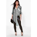 Novo Design de Moda Longline Top Camisa Mulheres Stripe Blusa